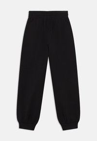 Černé teplákové kalhoty z bavlněné směsi s elastickým pasem a staženými manžetami, s hladkou texturou a volným střihem.