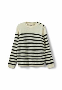 Gestrickter Pullover in Creme mit schwarzen horizontalen Streifen, mit einem runden Halsausschnitt und drei Knopfakzenten auf der linken Schulter.