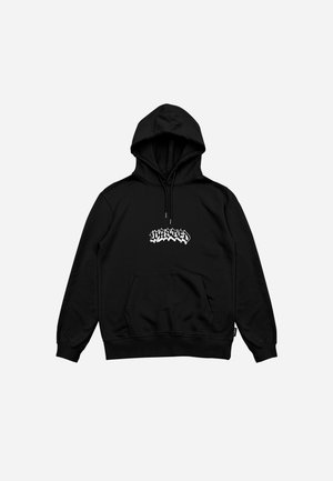 Zwarte hoodie van een katoenmix, met een ruime voorkantzak, een capuchon met trekkoord en een wit logo op de borst.