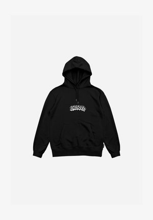Czarna hoodie wykonana z mieszanki bawełny, wyposażona w przestronną kieszeń z przodu, kaptur ze sznurkiem i białą grafikę logo na klatce piersiowej.