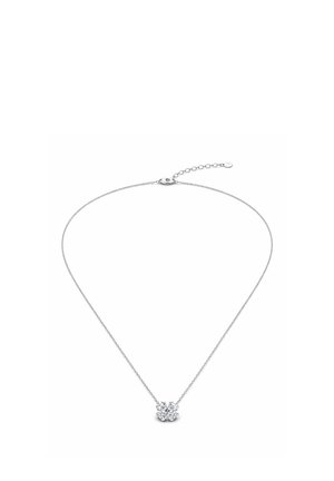 Zarte silberne Halskette mit einem kleinen blumenförmigen Anhänger aus fünf klaren runden Edelsteinen.