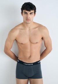 Graue Herren-Boxershorts aus einem weichen, dehnbaren Material. Mit einem schwarzen elastischen Bund mit dem "LACOSTE"-Logo.