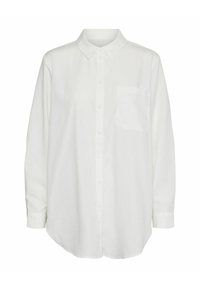 Hvid skjorte med knapper lavet af et glat stof. Har en klassisk krave, lange ærmer, en enkelt brystlomme og en buet kant.