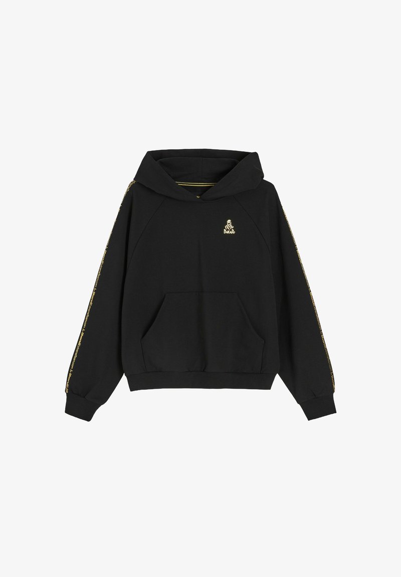 Czarna bluza z kapturem z przednią kieszenią, sznurkiem do regulacji kaptura oraz złotymi zdobieniami na rękawach. Wykonana z miękkiego materiału z prążkowanymi mankietami.