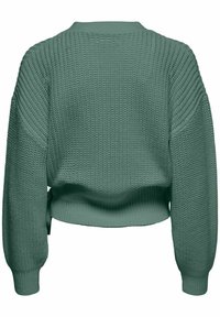 Pull en tricot vert sourd, avec un design court, des manches larges, un motif texturé et des détails de poignets côtelés.