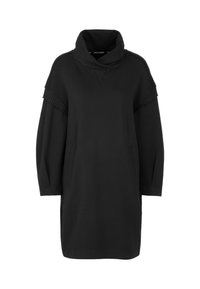 Schwarzes, oversized Sweatkleid mit hohem Kragen, gerippten Akzenten an den Schultern und seitlichen Taschen; aus weichem, strukturiertem Stoff gefertigt.