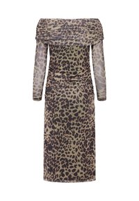 Vestito a stampa leopardata con scollo off-the-shoulder in tessuto trasparente. Caratterizzato da maniche lunghe, dettaglio arricciato lungo il corpo e taglio a metà lunghezza.