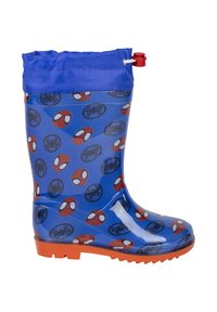 Niebieska wodoodporna gumowa kalosza z graficznym wzorem Spidermana, czerwoną podeszwą i niebieskim sznurkiem na górze do regulacji.
