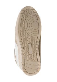 Suola di sneaker in beige chiaro con motivi di battistrada testurizzati. Presenta design circolari e lineari, con un'accentuazione rettangolare vicino al centro.