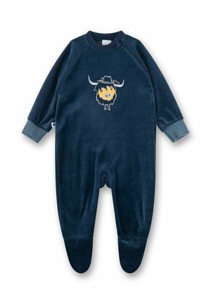 Navyblauer, samtiger Einteiler mit gesticktem gelb-weißen Kragenmuster. Verfügt über gestreifte Bündchen und Füße, entworfen für Wärme.