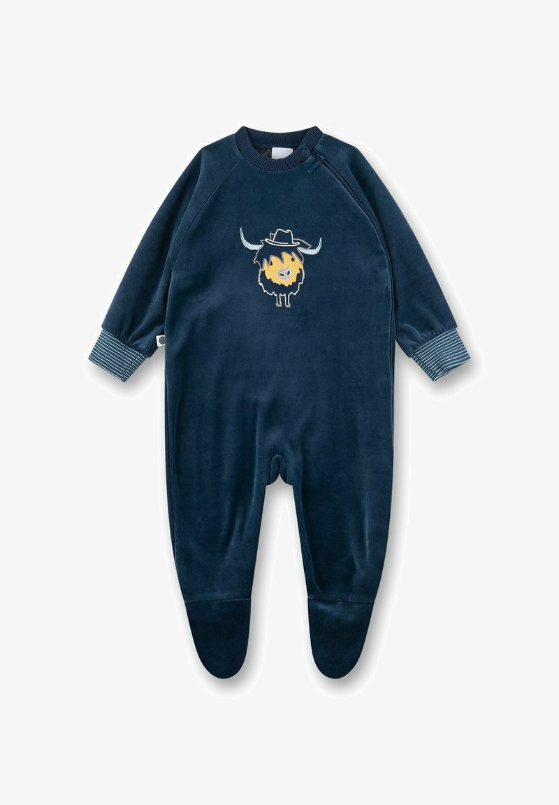 Tutina in velluto blu navy con design ricamato in giallo e bianco sul collo. Presenta polsini a righe e gambe con piedi, progettata per offrire calore.