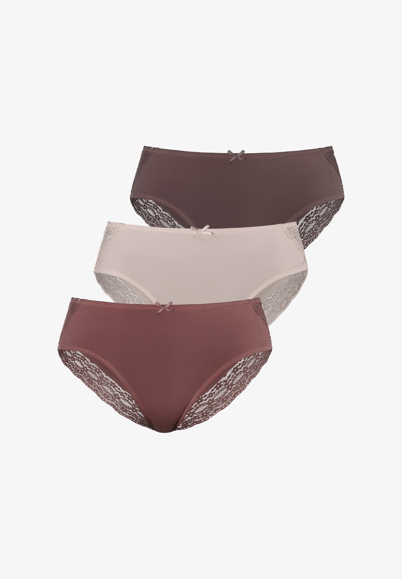 Drei Paare Damenunterwäsche in unterschiedlichen Farbtönen: dunkelbraun, hellbeige und mauve, mit Spitze und kleinen Schleifen verziert.