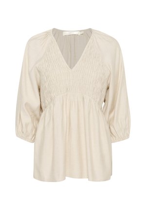 Helle beige Bluse mit V-Ausschnitt, Raffung im Oberteil und Dreiviertelärmeln mit gerafften Manschetten. Weicher, strukturierter Stoff.