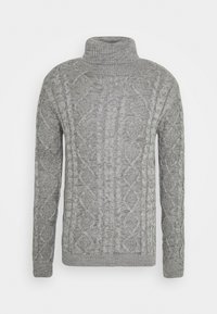 Pull gris en tricot avec un col montant côtelé. Présente un motif torsadé texturé sur toute la surface, des manches longues et un ourlet ajusté.