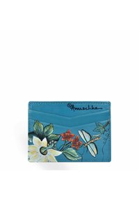 Blauwe leren kaarthouder met bloemen- en libelledesigns, voorzien van meerdere kaartsleuven en een textuur. Handtekening aan de bovenkant.