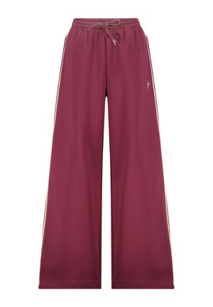 Wijdvallende bordeauxrode broek met elastische tailleband, trekkoordsluiting en lichtgekleurde zijstrepen.