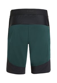 Heren sportshorts met een voorzijde van teal stof en een zwarte tailleband en accenten, getoond op een witte achtergrond.