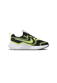 Black and neon yellow athletic shoes with a mesh upper, padded collar, and a white midsole; features a prominent Nike logo and textured outsole.