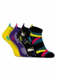 Cztery pary skarpetek bez pokazu w kolorach żółtym, purpurowym, czarnym i teal, z różnymi wzorami i jaskrawymi akcentami kolorystycznymi. Miękki, elastyczny materiał.