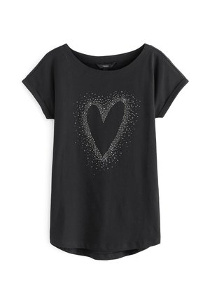 T-shirt noir à manches courtes en coton doux, avec un motif de cœur composé de petits points, col rond et ourlet arrondi.