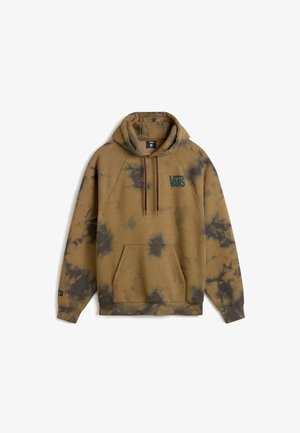 Brown tie-dye hoodie featuring a kangaroo pocket, adjustable drawstring hood, and Vans logo in teal on the left chest area.