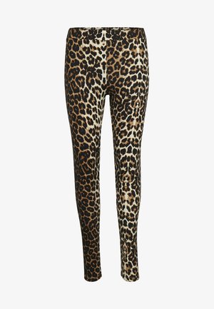 Legíny s leopardím vzorem, které mají lesklý povrch, jemnou tkaninu, elastický pas a slim fit design bez viditelného hardwaru.