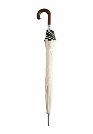 Beige umbrella with a twisted fabric pattern, black trim, and a wooden curved handle, featuring a metallic shaft and black tip.
