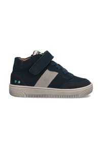 Marineblauwe suède schoenen met een lichtgrijze streep, een klittenbandsluiting en rubberen zolen. Inclusief decoratieve turquoise stippen op de hiel.