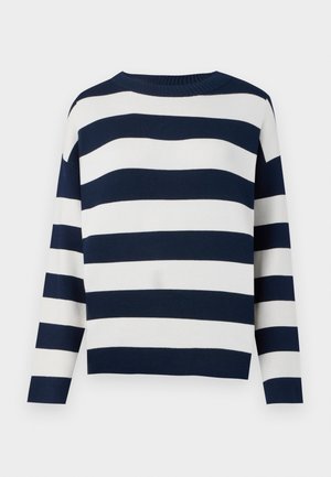 Ribadega navü sinise ja valge horisontaalse triibuga kampsun, ümar kaelus, pikad varrukad ja lõdva lõikega. Pehme kudumimaterjal.