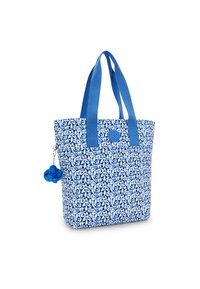 Blå tote taske med hvidt blad mønster, lavet af slidstærkt materiale. Har solide blå stofhanke og en blå pom-pom charm.