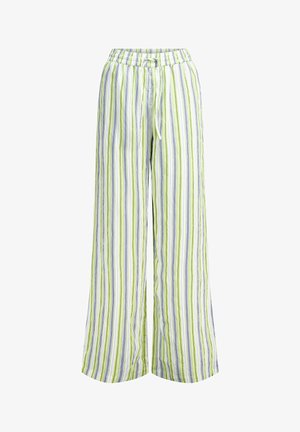 Wijde broek met een trekkoord in de taille, met verticale strepen in groen, wit en blauw. Lichtgewicht, casual stof.