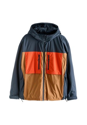 Värvikas jakk, mille ülaosa on tumesinine ja alumised osad oranž ja pruun. Jakk on varustatud kapuutsiga, ees on tõmblukk ja kahes rinnataskus on tõmblukud.