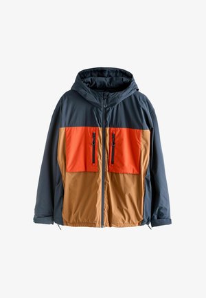 Color-blocked jacket with a navy upper, orange and brown lower sections. Features a hood, front zipper, and two zipped chest pockets.