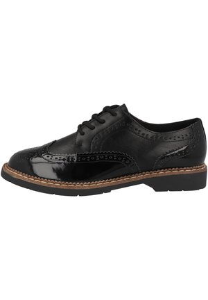 Zwarte leren brogue oxford schoen met geperforeerde details, bruine gestikte zool en zwarte veters, zijaanzicht op witte achtergrond.