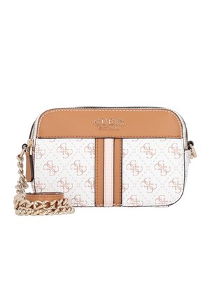 Compact Guess crossbody bag in white and tan with logo pattern, gold chain strap, and front vertical stripe detail.