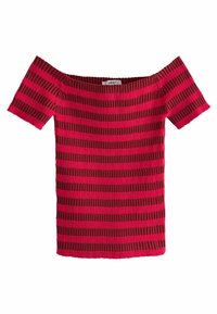 Red and pink striped off-the-shoulder top, ribbed texture, short sleeves, fitted silhouette, label: "NEXT" on the interior neckline.