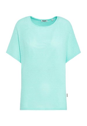 Hell türkisfarbenes Strickoberteil mit kurzen Ärmeln, strukturiertem Waffelmuster, rundem Ausschnitt und kleinem Markenschild an der Seitennaht.