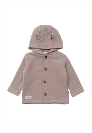 Veste à capuche beige pour bébé avec des oreilles d'ours sur la capuche et quatre boutons en bois sur le devant, fabriquée en tissu côtelé doux.