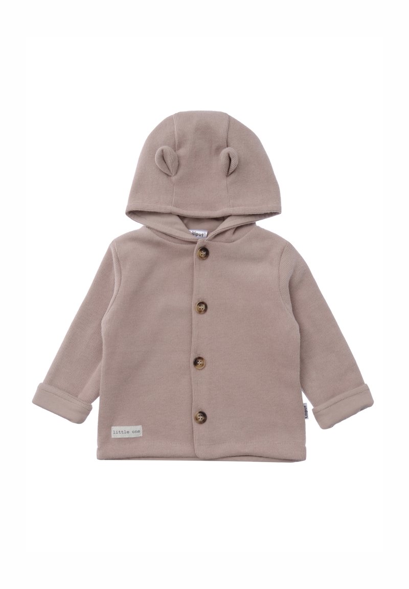 Veste à capuche beige pour bébé avec des oreilles d'ours sur la capuche et quatre boutons en bois sur le devant, fabriquée en tissu côtelé doux.