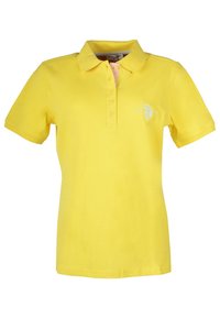 Gul polo shirt i bomull med krage, treknappsknäppning och liten broderad logotyp på vänster bröst.