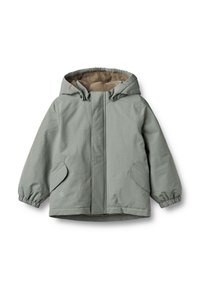 Jasnoszara kurtka zewnętrzna z kapturem, wyposażona w elastyczne mankiety i duże boczne kieszenie. Wnętrze wyłożone jest miękkim beżowym materiałem.