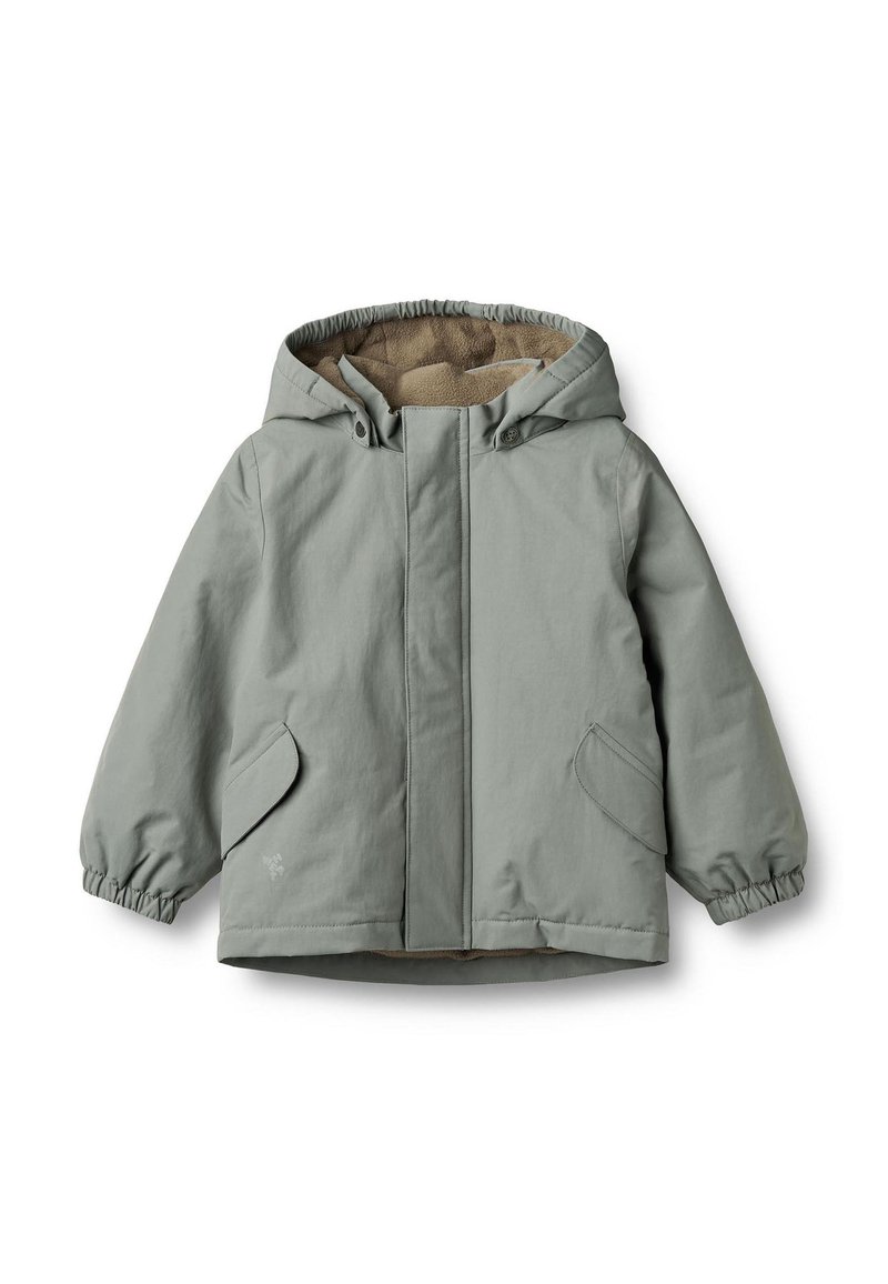 Jasnoszara kurtka zewnętrzna z kapturem, wyposażona w elastyczne mankiety i duże boczne kieszenie. Wnętrze wyłożone jest miękkim beżowym materiałem.