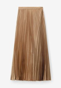 Jupe plissée en tissu métallisé couleur brun clair, avec une taille plate et un design fluide, mettant en valeur la texture à travers des plis verticaux.