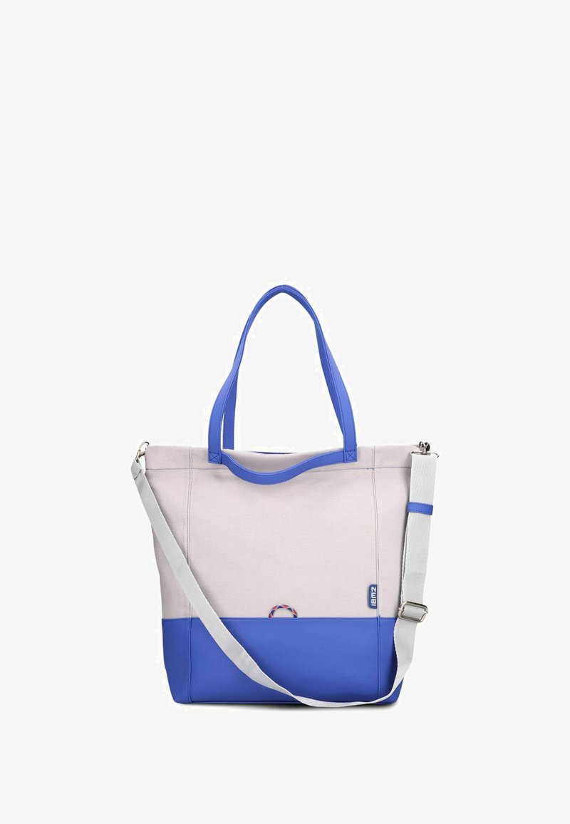 Borsa a tracolla in tela con una sezione superiore di un rosa chiaro e una sezione inferiore blu, con manici blu e una tracolla grigia rimovibile.
