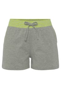 Graue Shorts aus weichem Stoff, mit einem gestreiften grünen Taillenbund, Kordelzugverschluss und Seitentaschen.