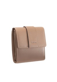 Tan leather wallet with a textured finish, fold-over flap, and a magnetic closure. Features a subtle brand logo on the front.