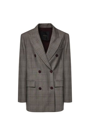 Grå ternet dobbeltradet blazer med brede revers, seks mørke knapper, to klaplommer og en brystlomme, vist på en hvid baggrund.