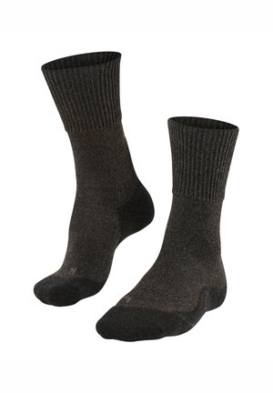 Pair of dark gray mid-calf wool socks with ribbed cuffs, reinforced toes, and heels, displayed against a white background.