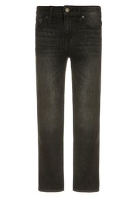 Černé džíny z denimu se střihy rovnými nohavicemi, které mají klasický design s pěti kapsami, kovové zapínání na knoflík a jemně vybledlý vzhled.