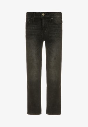 Svarta denimjeans med rak benform, med klassisk femfickdesign, metallknappstängning och subtilt blekt mönster.